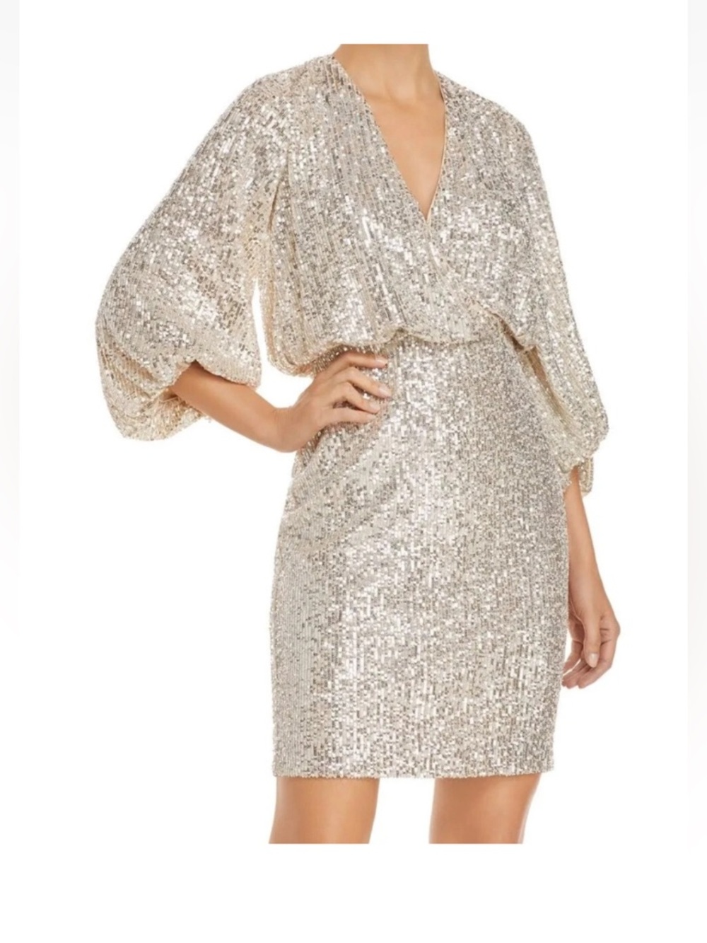Eliza J Sequined Blouson Shift Dress Champagne Gold Sz 12